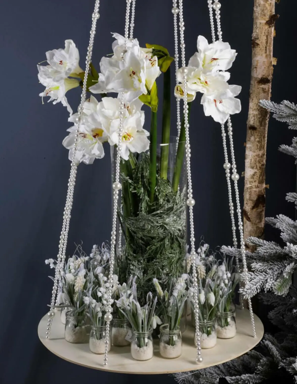 Expositores Para Tiendas>DecoWoerner Bandeja Colgante Con Cadenas De Perlas, Ø 60 Cm, Longitud 170 Cm blanco