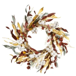 Decoración De Otoño|Ramos Y Coronas De Flores>DecoWoerner Corona Decorativa De Otoño "Mezcla De Algodón, Flores Y Hierba" Ø 56 Cm marrón