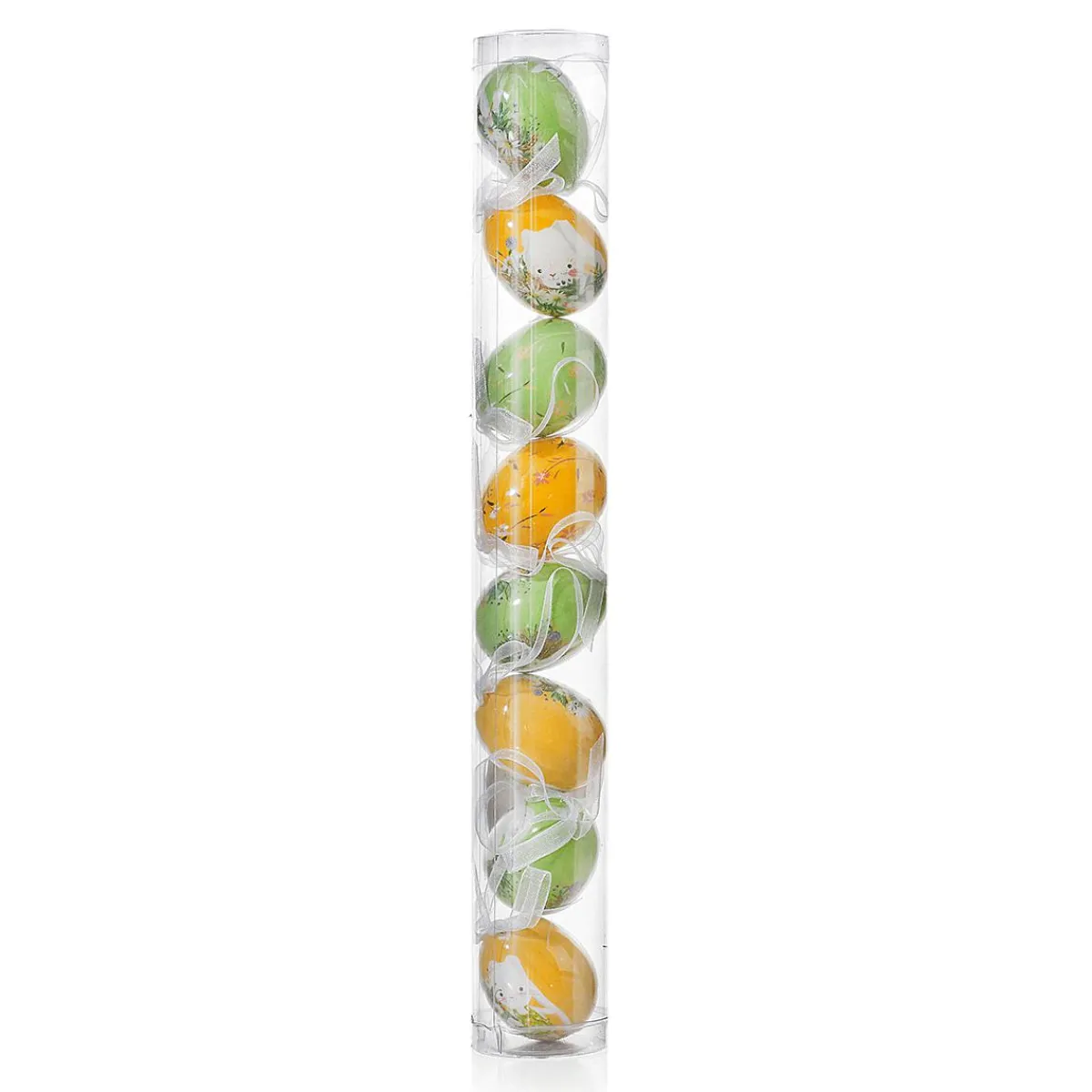 Decoración De Pascua>DecoWoerner Juego De Huevos De Pascua De Espuma Para Colgar, Amarillo Con Dibujo De Conejo Y Lazo 8pcs. multicolor