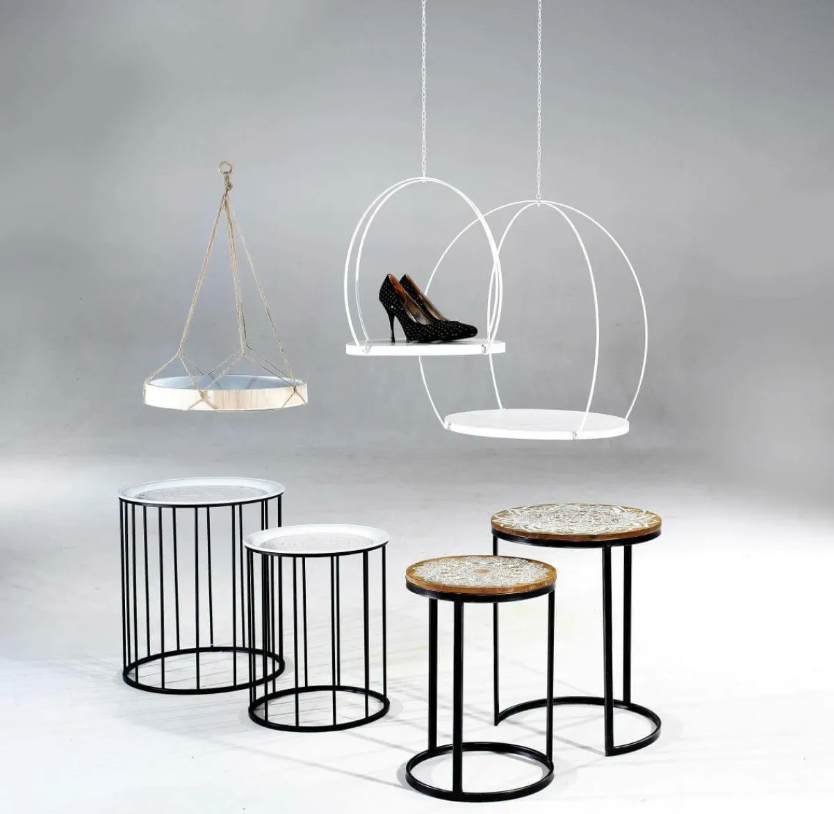 Expositores Para Tiendas|Macetas Y Artículos De Decoración>DecoWoerner Juego De Mesa Auxiliar Blanca Negra Redonda De Metal negro