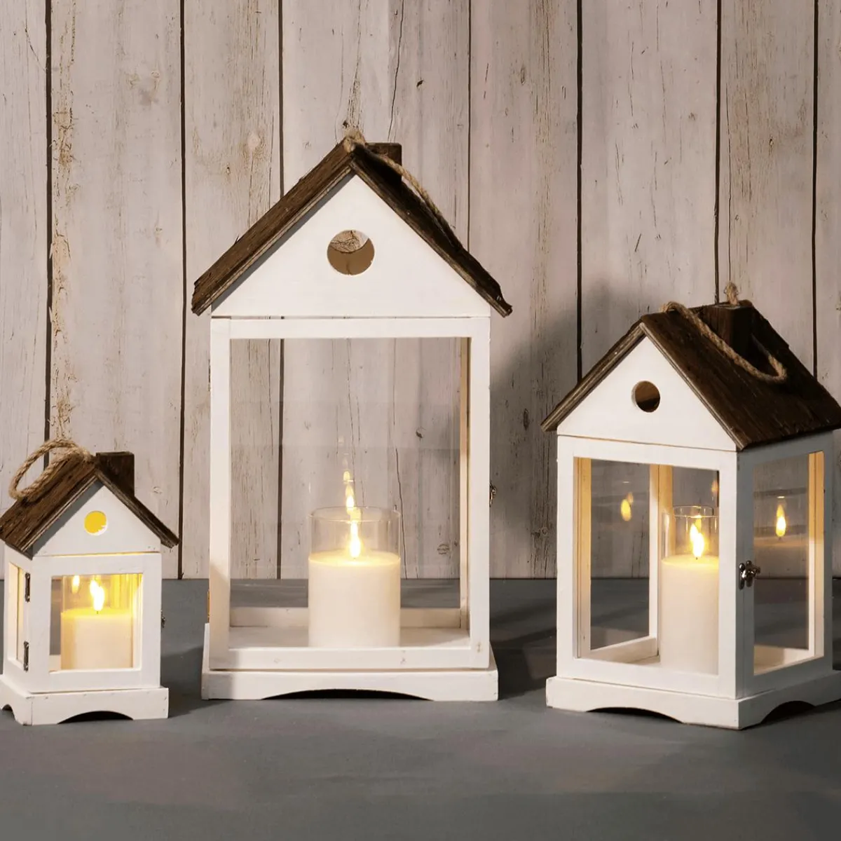 Decoración Natural>DecoWoerner Linterna Casas De Madera Set 3 Piezas Marrón blanco