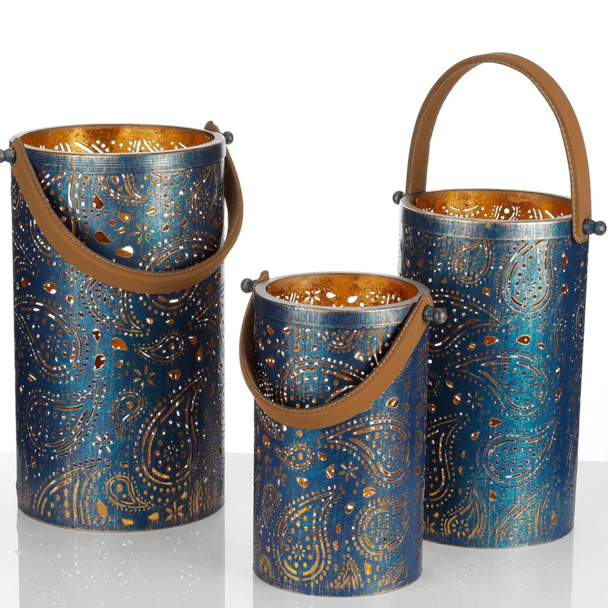 Luz Decorativa|Decoración Temática>DecoWoerner Linternas Redondas De Metal 3 Piezas Oro azul