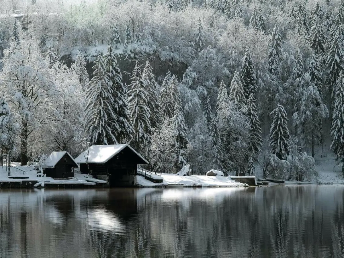 Bandera Xxl|Decoración De Invierno>DecoWoerner Lona XXL "Cabaña Nevada Junto Al Lago" De Lona De Camión Ignífuga 250 X 330 Cm blanco