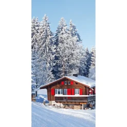 Decoración De Invierno|Pancartas De Navidad E Invierno>DecoWoerner Pancarta De Tela Ignífuga "Cabaña De Esquí Con Persianas Rojas" De Tela De Bandera 100 X 200 Cm rojo
