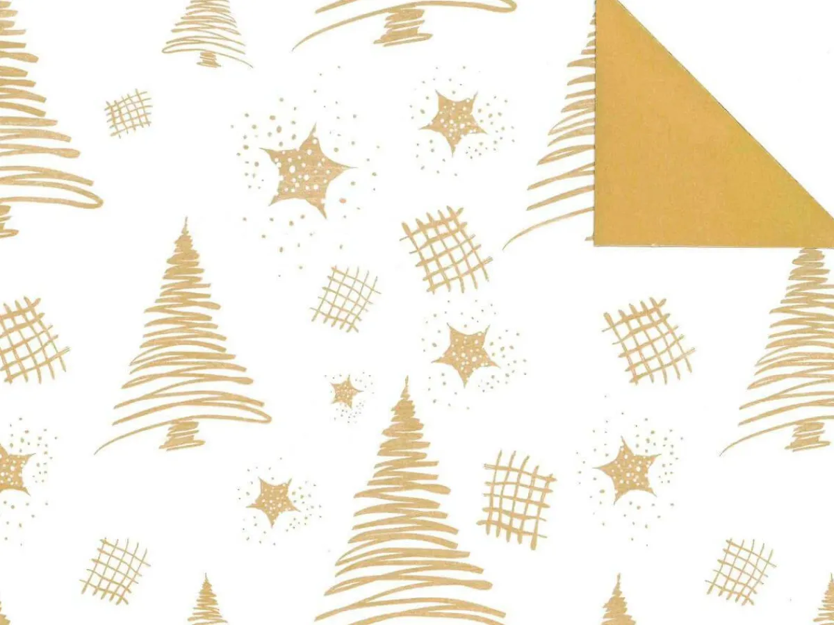 Papel De Regalo|Go Green - Envoltorio Para Regalo Ecológico>DecoWoerner Papel De Regalo Navideño Sostenible De Doble Cara Con Abetos Y Estrellas En Dorado - Bobina De Papel De Regalo De 50 M oro