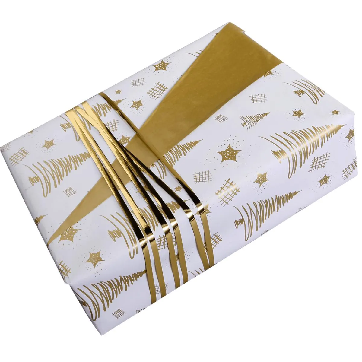 Papel De Regalo|Go Green - Envoltorio Para Regalo Ecológico>DecoWoerner Papel De Regalo Navideño Sostenible De Doble Cara Con Abetos Y Estrellas En Dorado - Bobina De Papel De Regalo De 50 M oro