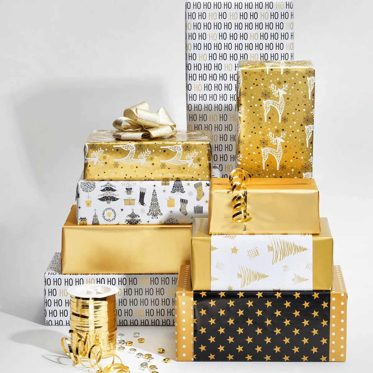 Papel De Regalo|Go Green - Envoltorio Para Regalo Ecológico>DecoWoerner Papel De Regalo Navideño Sostenible De Doble Cara Con Abetos Y Estrellas En Dorado - Bobina De Papel De Regalo De 50 M oro