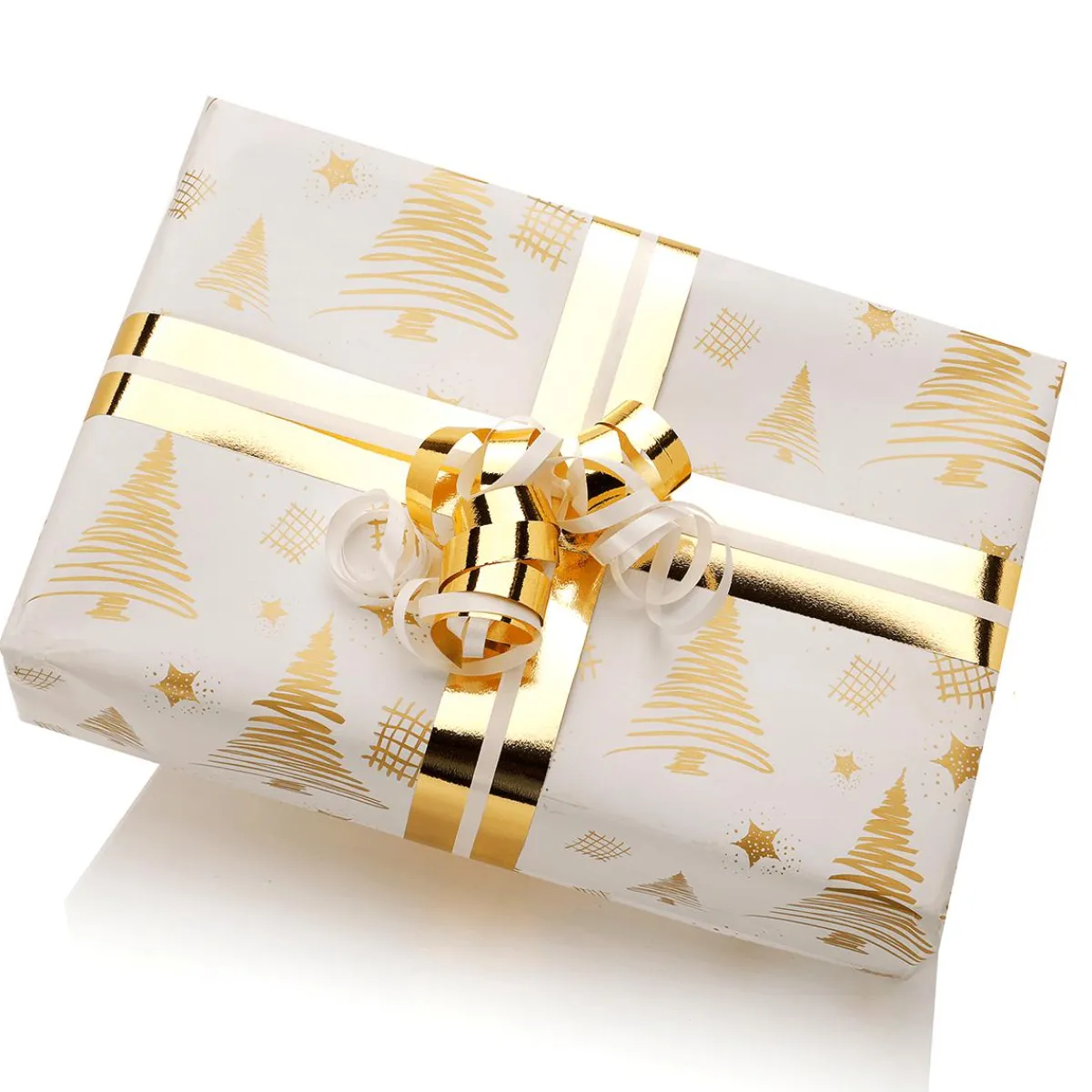Papel De Regalo|Go Green - Envoltorio Para Regalo Ecológico>DecoWoerner Papel De Regalo Navideño Sostenible De Doble Cara Con Abetos Y Estrellas En Dorado - Bobina De Papel De Regalo De 50 M oro