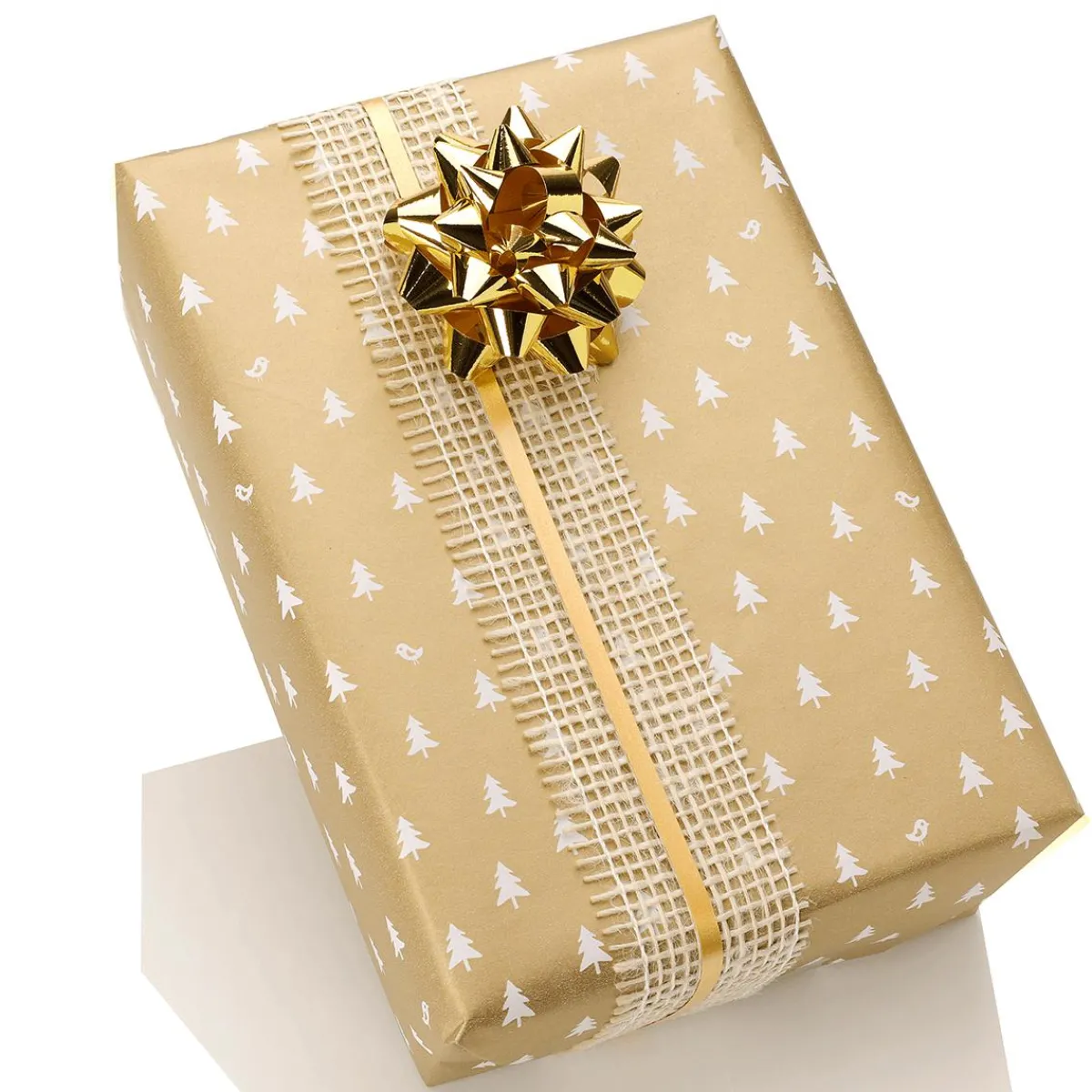 Papel De Regalo|Go Green - Envoltorio Para Regalo Ecológico>DecoWoerner Papel De Regalo Navideño Sostenible Y Dorado Con Abetos Blancos - Bobina De Papel De Regalo De 50 M oro