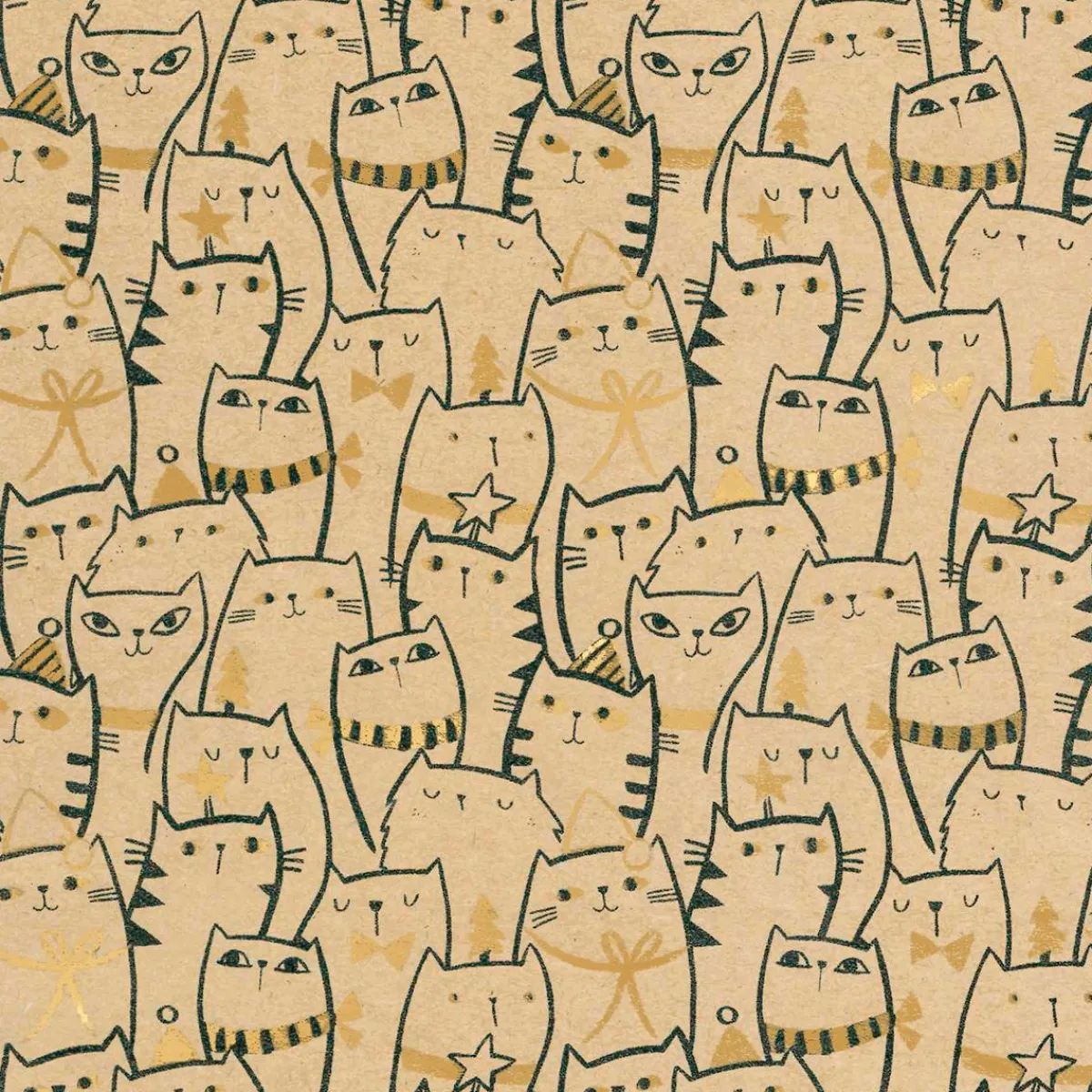 Papel De Regalo|Go Green - Envoltorio Para Regalo Ecológico>DecoWoerner Papel Kraft Reciclado Con Gatos Y Detalles Dorados - Rollo De Papel De Regalo De 50 M marrón
