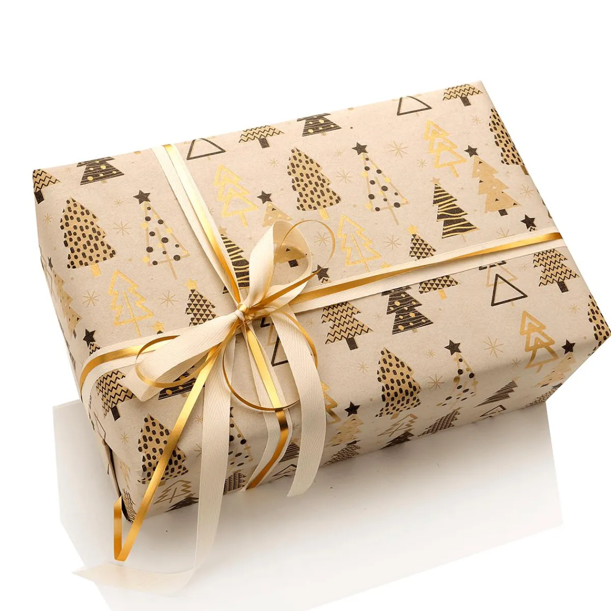 Papel De Regalo|Go Green - Envoltorio Para Regalo Ecológico>DecoWoerner Papel Kraft Reciclado Con árboles De Navidad En Beige, Negro Y Dorado - Bobina De Papel De Regalo De 50 M marrón