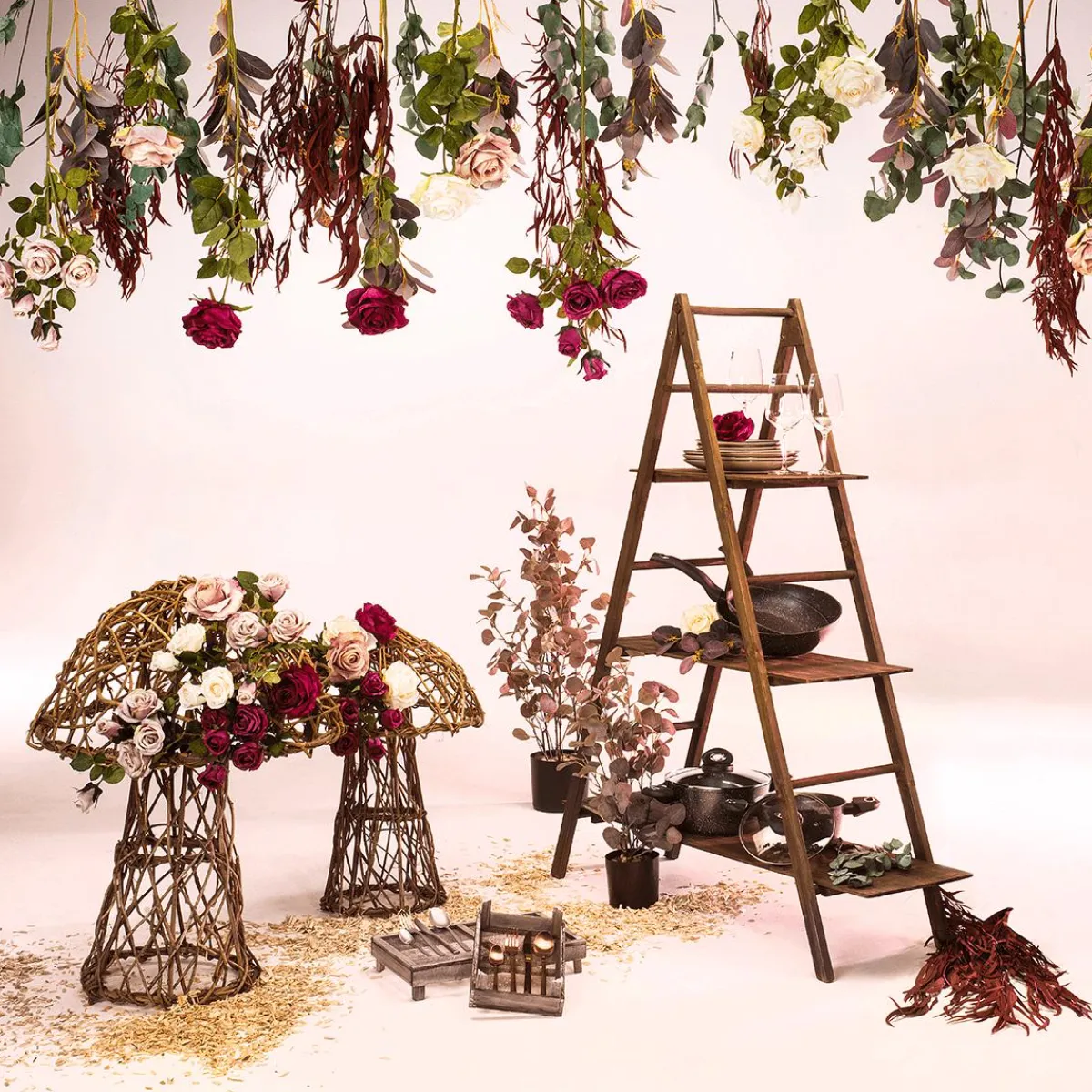 Decoración Temática|Flores Artificiales>DecoWoerner Rama De Rosa Artificial, 73 Cm, Cremoso blanco
