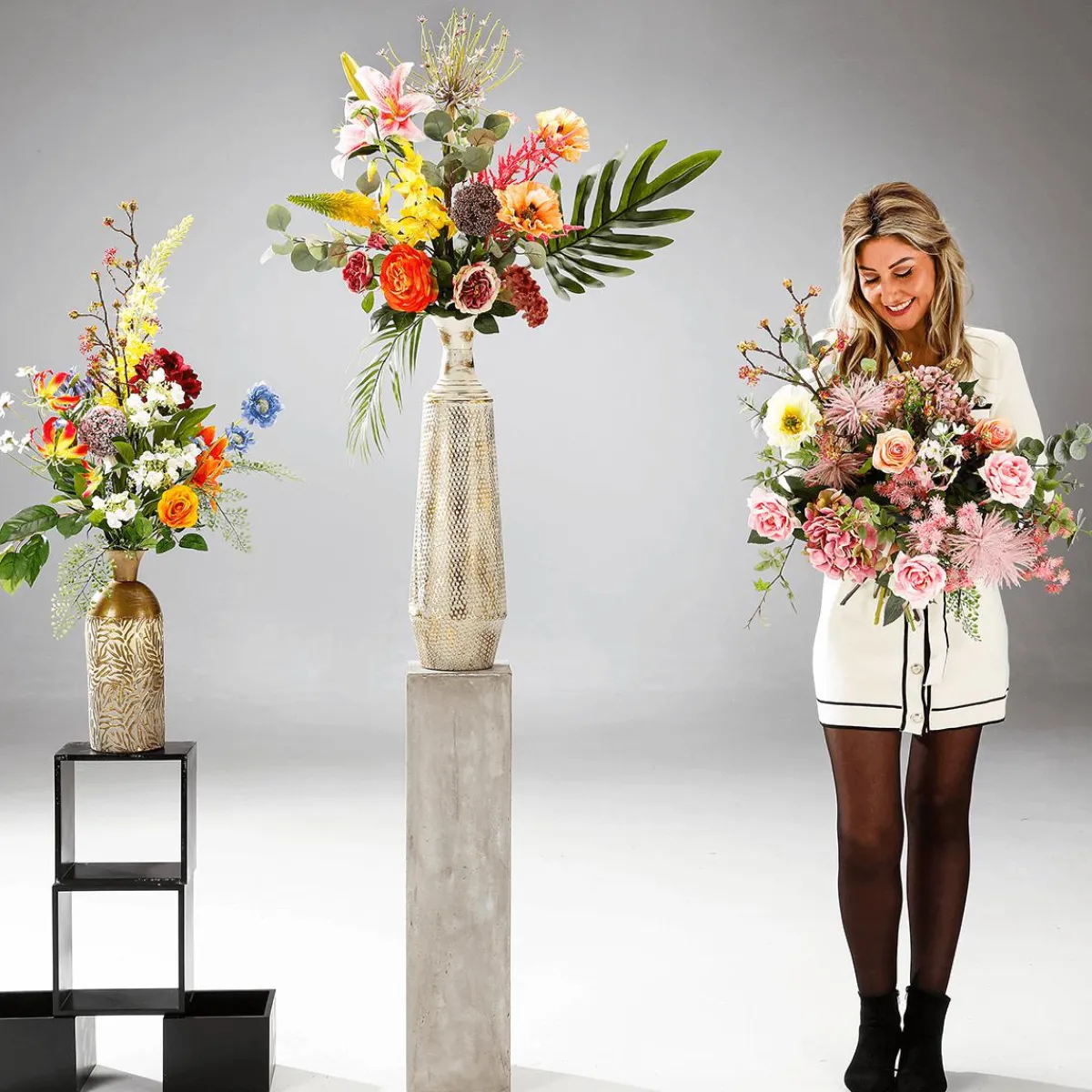 Ramos Y Coronas De Flores>DecoWoerner Ramo De Flores Artificiales Mixtas Naranja Azul Blanco 104 Cm multicolor